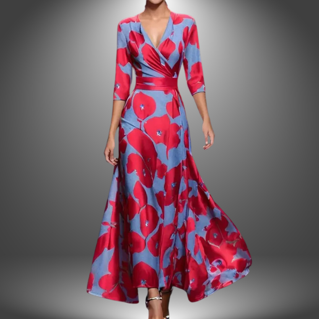 Zora - Elegancka Sukienka Maxi Boho z Dekoltem w Serek i Półrękawami