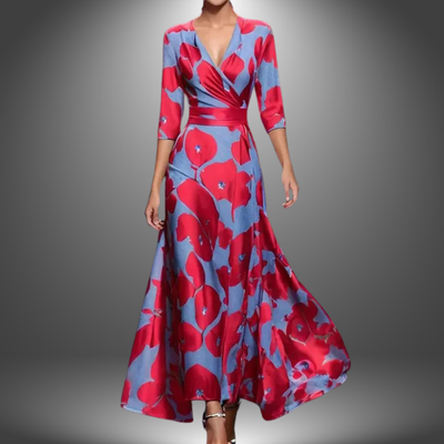 Zora - Elegancka Sukienka Maxi Boho z Dekoltem w Serek i Półrękawami