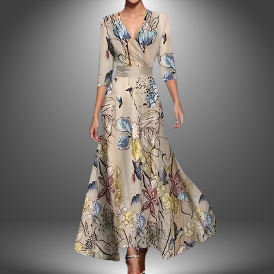 Zora - Elegancka Sukienka Maxi Boho z Dekoltem w Serek i Półrękawami