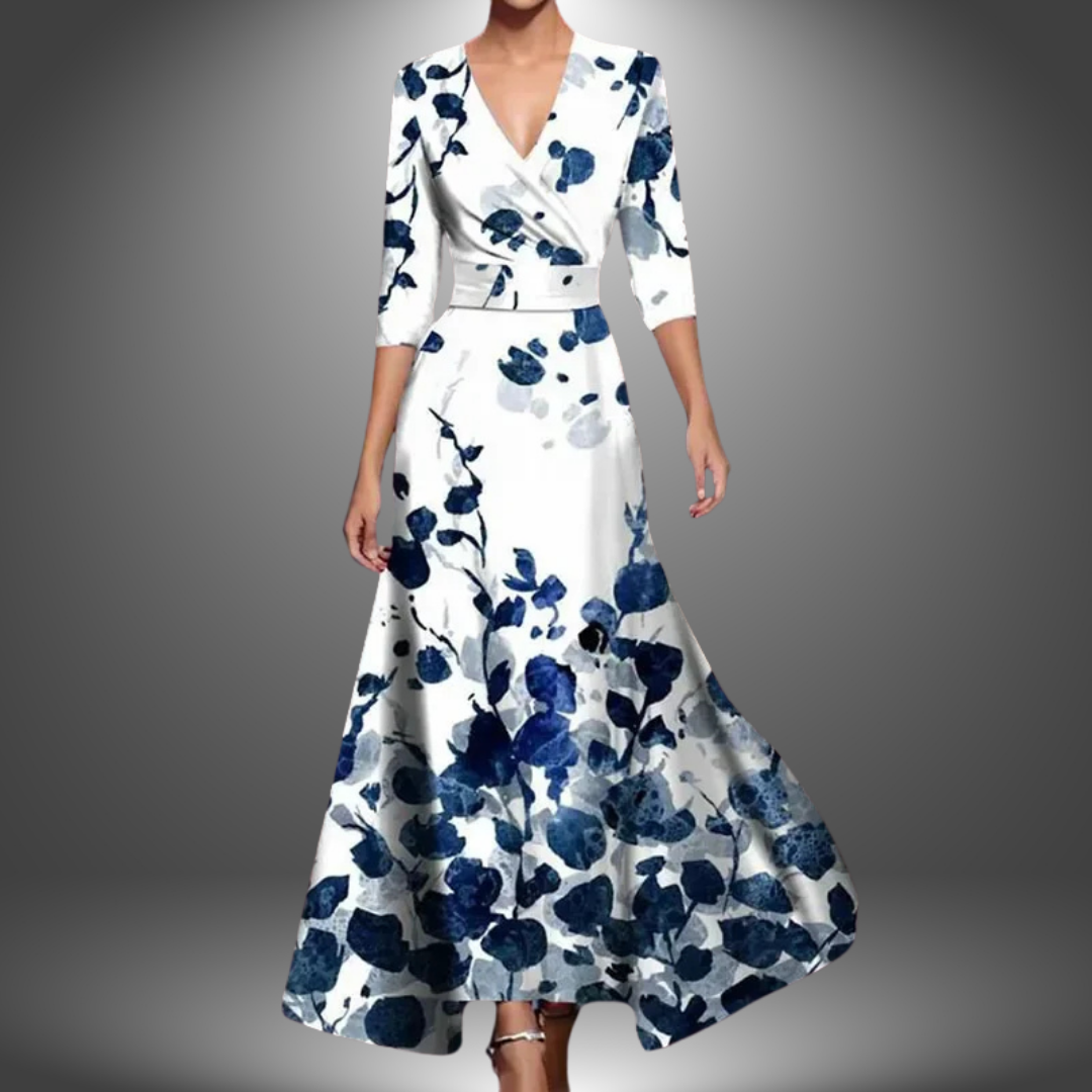 Zora - Elegancka Sukienka Maxi Boho z Dekoltem w Serek i Półrękawami