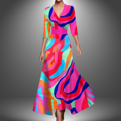 Zora - Elegancka Sukienka Maxi Boho z Dekoltem w Serek i Półrękawami